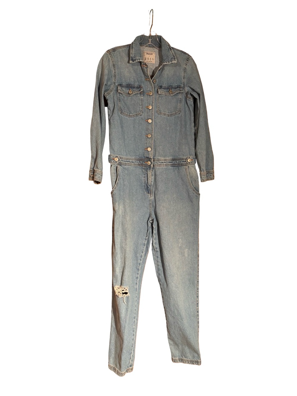Denim Co. Light Wash Distressed Denim Jumpsuit One-Piece - Sz.8